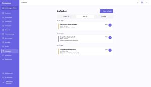 Screenshot der Memorion-Software, Modul Aufgaben: Aufgabenliste mit Überführung, Sargtransport und Urnenabholung, jeweils mit Datum, Uhrzeit, Name und Transportstrecke.