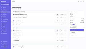 Screenshot der Memorion-Software, Kostenvoranschlag für einen Sterbefall: auswählbare Positionen zu Überführung, Sarg und Trauerfeier mit Preisen sowie Zusammenfassung mit Zwischensumme, MwSt. und Gesamtbetrag.