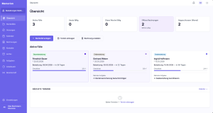 Screenshot der Memorion-Software, Übersichtsseite: Kennzahlen zu aktiven Fällen und Rechnungen, Karten aktiver Bestattungsfälle mit Checklisten-Fortschritt sowie Schnellzugriff auf Sterbefall, Termin und Rechnung.