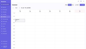 Screenshot der Memorion-Software, Modul Kalender: Wochenansicht vom 13. bis 19. Juli 2026 mit eingetragenem Überführungstermin sowie Optionen für Tages-, Wochen- und Monatsansicht.