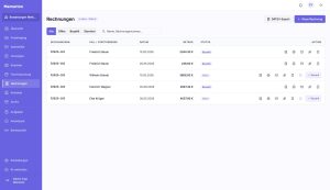Screenshot der Memorion-Software, Modul Rechnungen: Tabelle mit Rechnungsnummer, Fall, Datum, Betrag und Status sowie Funktionen für DATEV-Export und neue Rechnung.